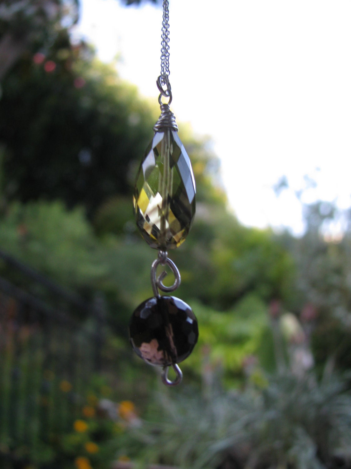 Faceted Bio Lemon Quartz Teardrop and a Faceted Round Smokey Quartz Pendant Hand Wired and Strung on a Sterling Silver Chain