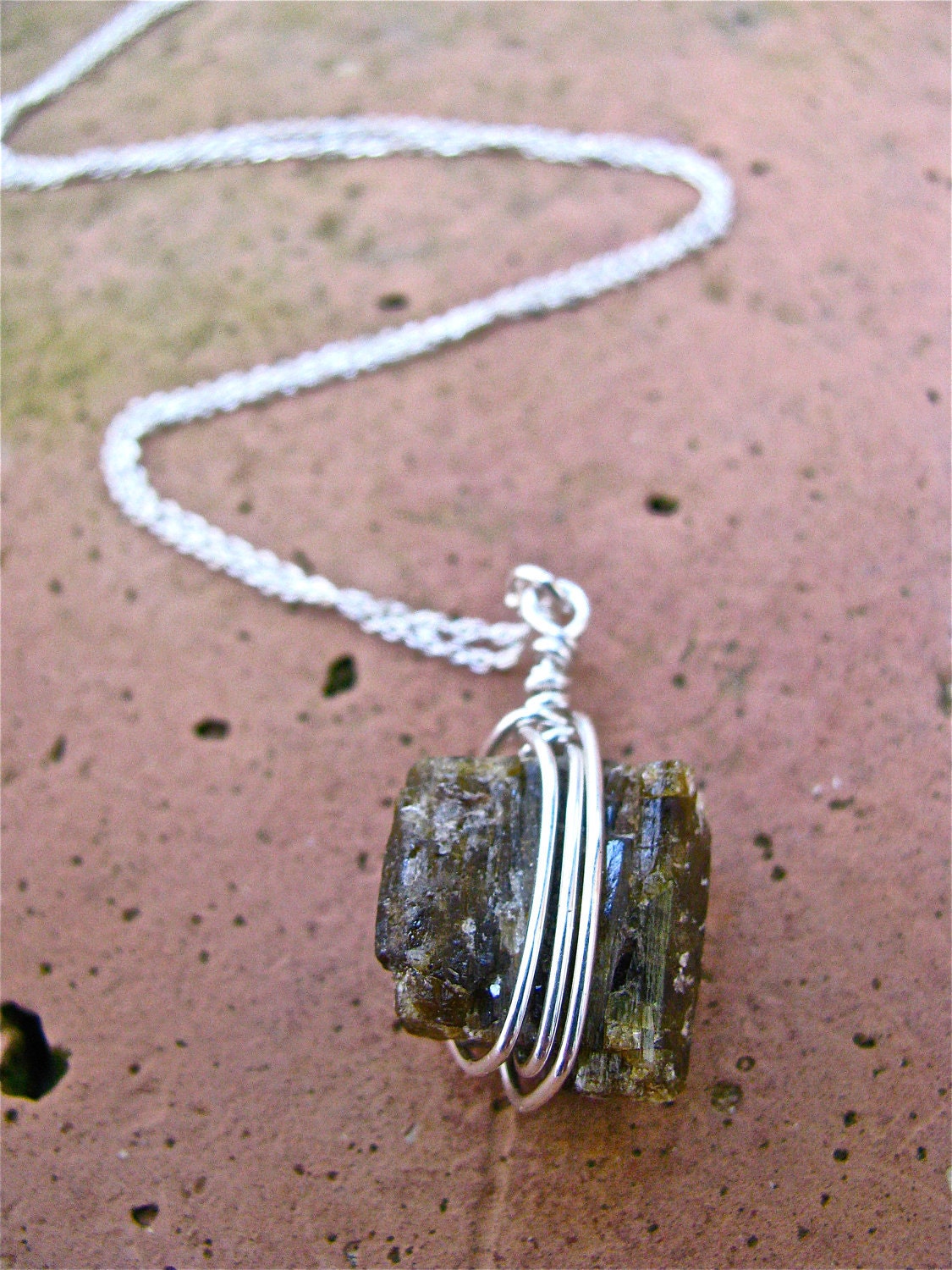 Handmade Wire Wrapped Raw Brown Tourmaline Pendant Strung on a Sterling Silver Chain
