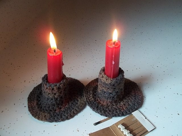 Crochet Candle Holders chocolate cotton - a treasury-featured (x2) item - free shipping USA