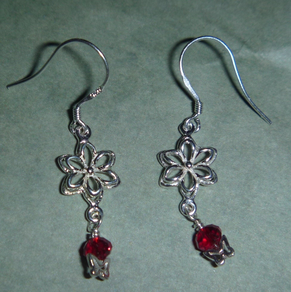 Sterling Silver flower & red crystal earrings with tiny butterflies