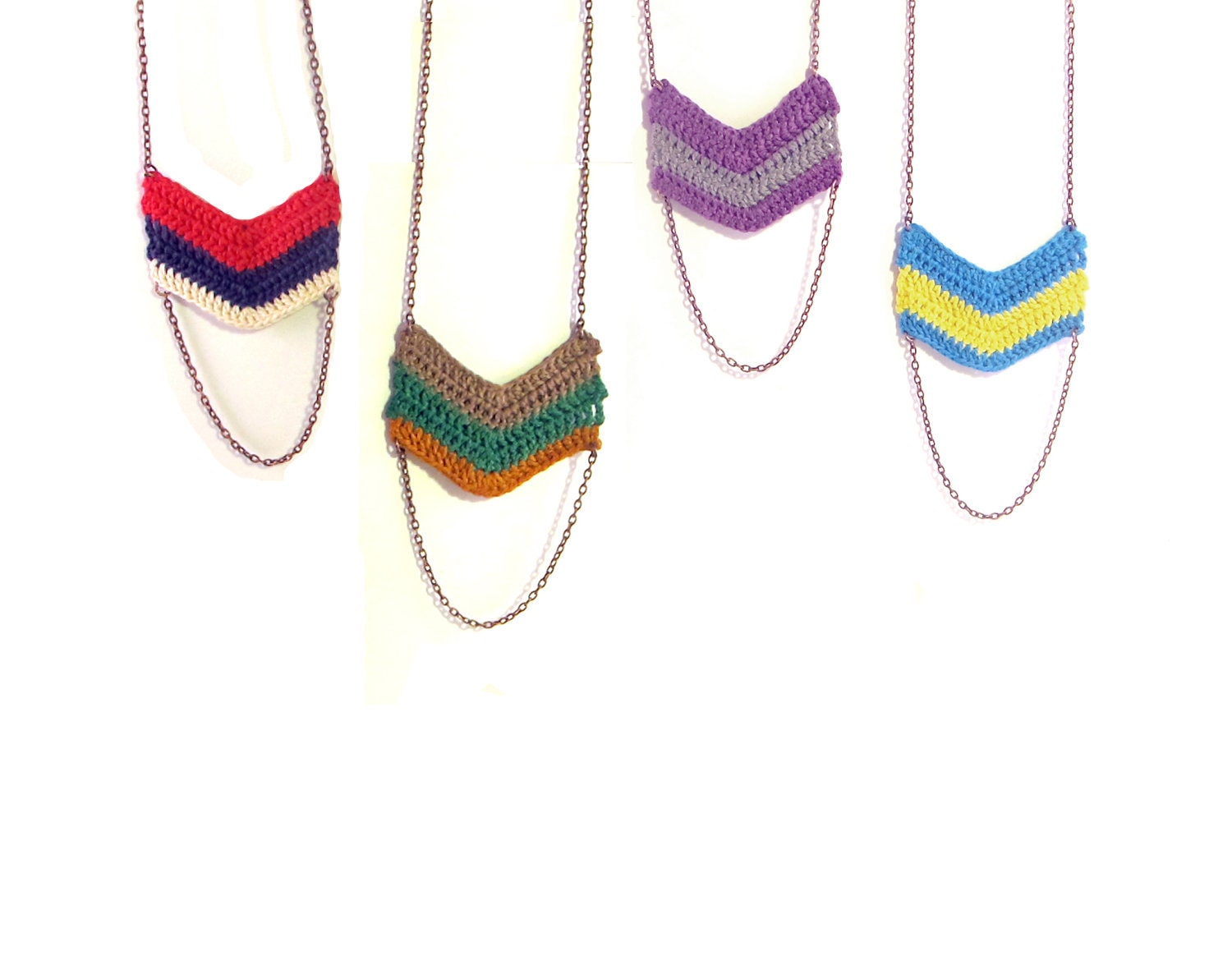 Chevron Crocheted Necklace - 3 rows with 1 bottom chain - Your choice of color