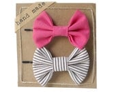 Pink and Stripes - Hair Bows - Set of Two Bow Bobby Pins
