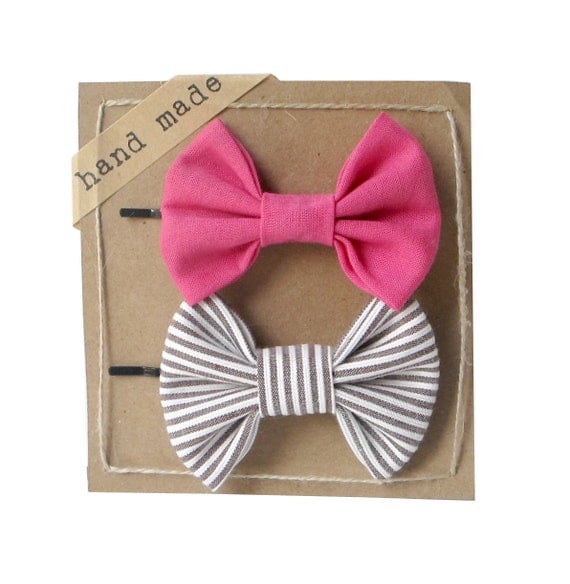 Pink and Stripes - Hair Bows - Set of Two Bow Bobby Pins