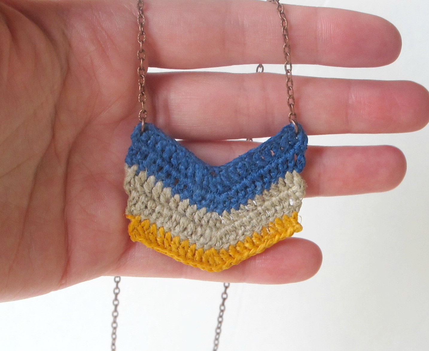 Blue, Beige, Yellow Stripes - Chevron Crocheted Necklace