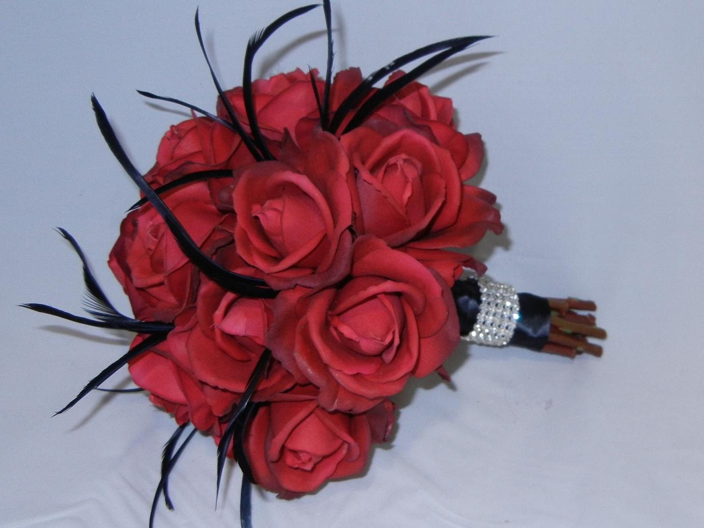 Romantic Bridal Bouquet with Red Real Touch Roses, Black Feathers and Rhinestone Band