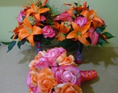 Real Touch Wedding Flower Package Orange & Hot Pink Real Touch Roses,Lilies, and Snowball Hydrangeas