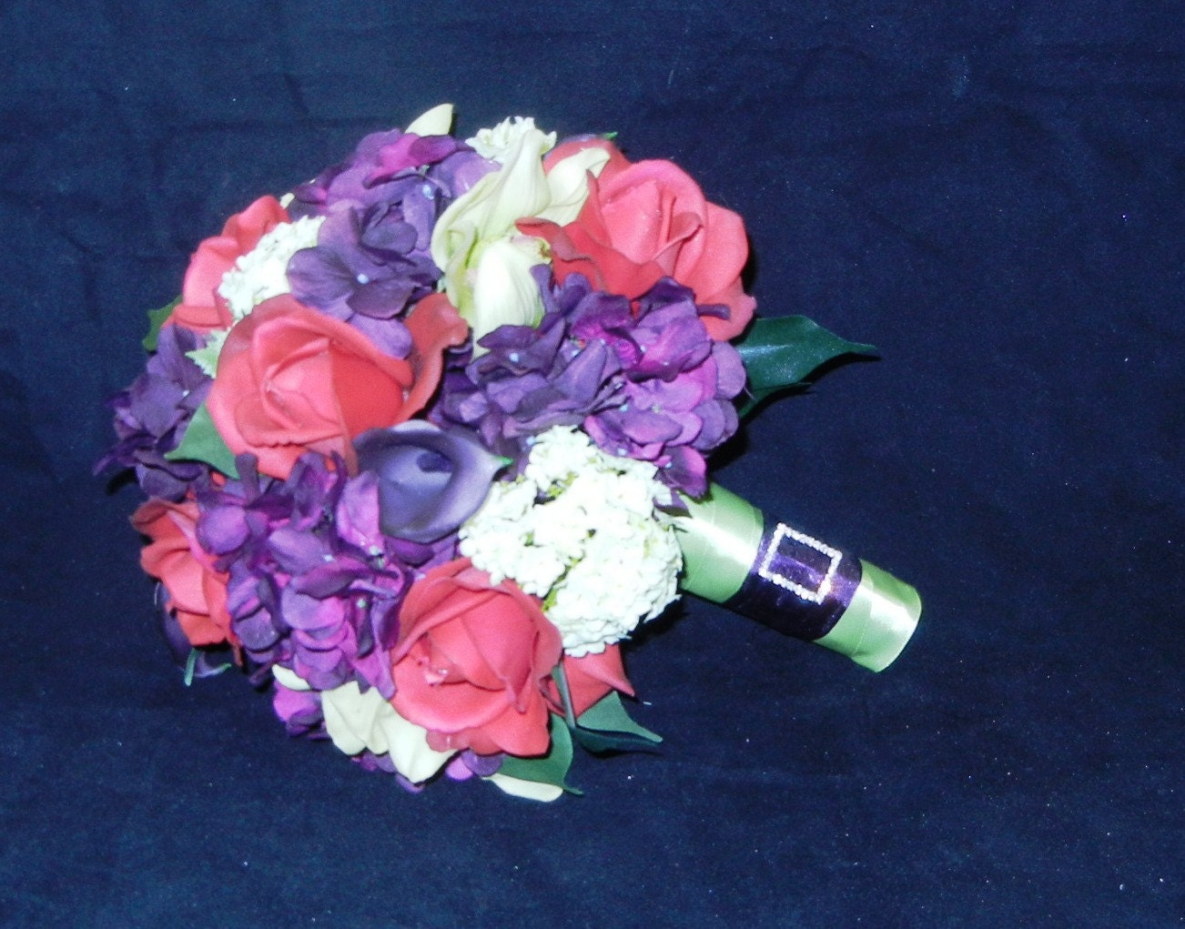 Real Touch Bridal Bouquet Roses, Hydrangeas, Mini Calla lilies, Orchids, Eggplant, Red, Green flowers