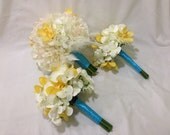 Real Touch 25 Pc Bridal Bouquet Wedding Package with Yellow Real Touch Orchids, silk peonies, and silk hydrangeas