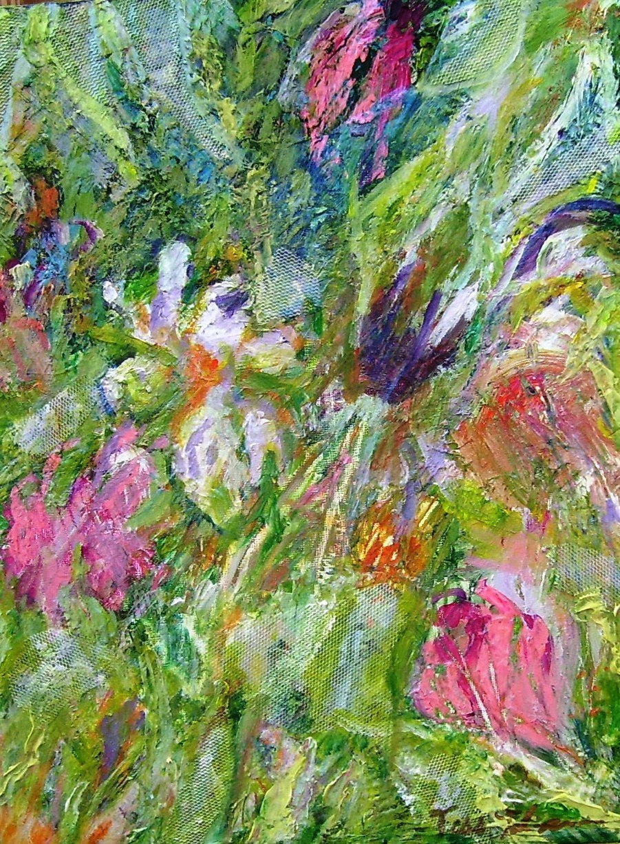 Floral Abstract Impressionist Expressionist Painting Green Pink Purple Peach Lace "Cosmos and Iris," 11x14 abstract mixed media painting