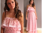 Vintage 70s Pink Ruffled Maxi "Prom" Gown