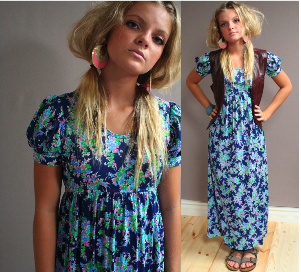 Vintage 60s Blue Floral Maxi
