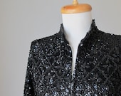 Jacket / Cardigan /Top / Sequin /  Black / Hand made / 50s /  Vintage