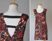 Vintage 70s Hippie Mini tunic dress , colorful dots and Open V back