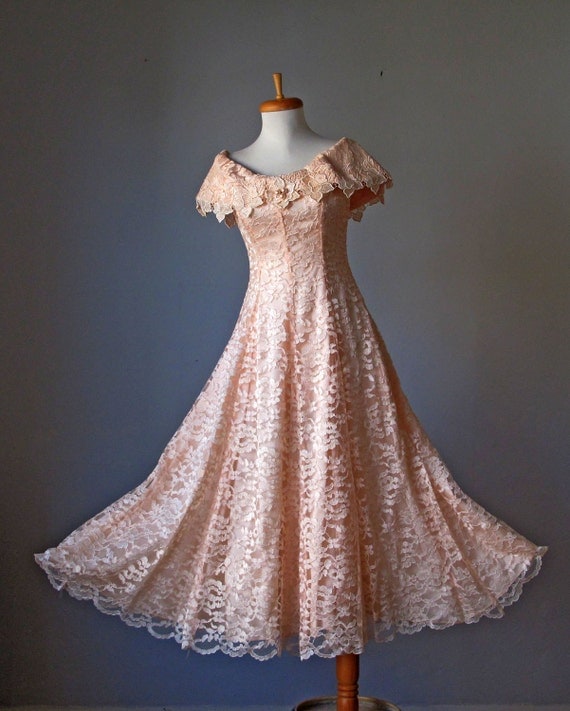 Lace Dress / Pale peach / Victorian lace / Silk Satin / Wedding / Party / Gown / Vintage
