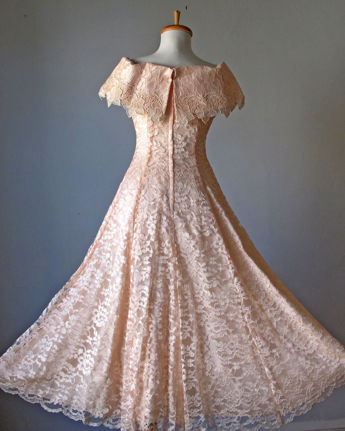 Lace Dress / Pale peach / Victorian lace / Silk Satin / Wedding / Party / Gown / Vintage
