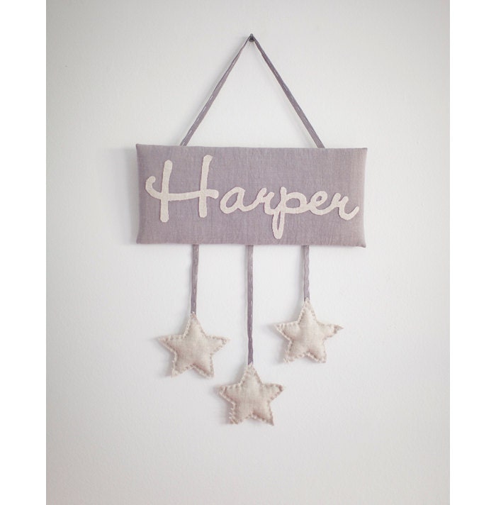Custom name sign for boys or girls door / nursery / room grey linen gold stars