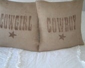Set of Burlap Cowboy/Cowgirl Pillow Covers