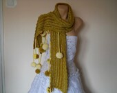 HAND  KNITTED SCARF / Women Accessories Scarves Warm Pompoms Elegant Muffler / Romantic Cozy Winter Feminine Chunky Wool Soft Crocheted