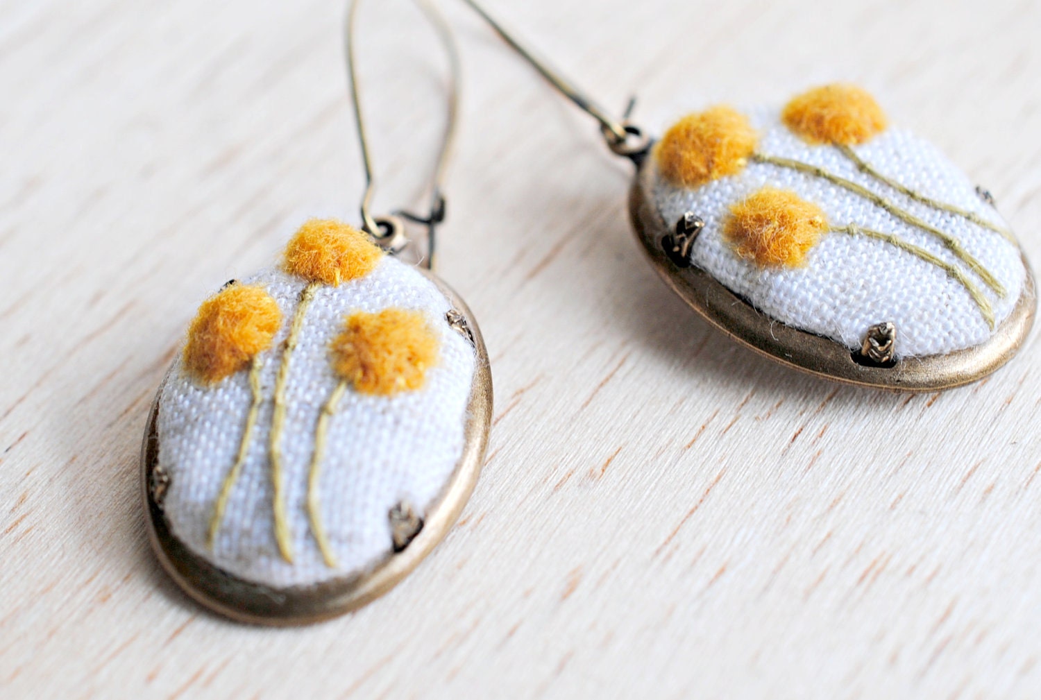 Billy Button (Craspedia) Earrings, gold yellow mustard embroidered on repurposed cream linen