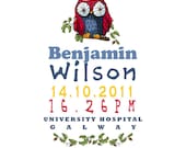 Baby Name Birth Announcement Custom Keepsake Signed Print - OWLS
