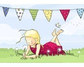 Illustration Girl Dandelion Print Summertime - Blonde girl