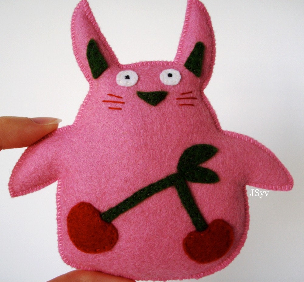 Small Wool Felt Rabbit Plushie Pink with Cherries