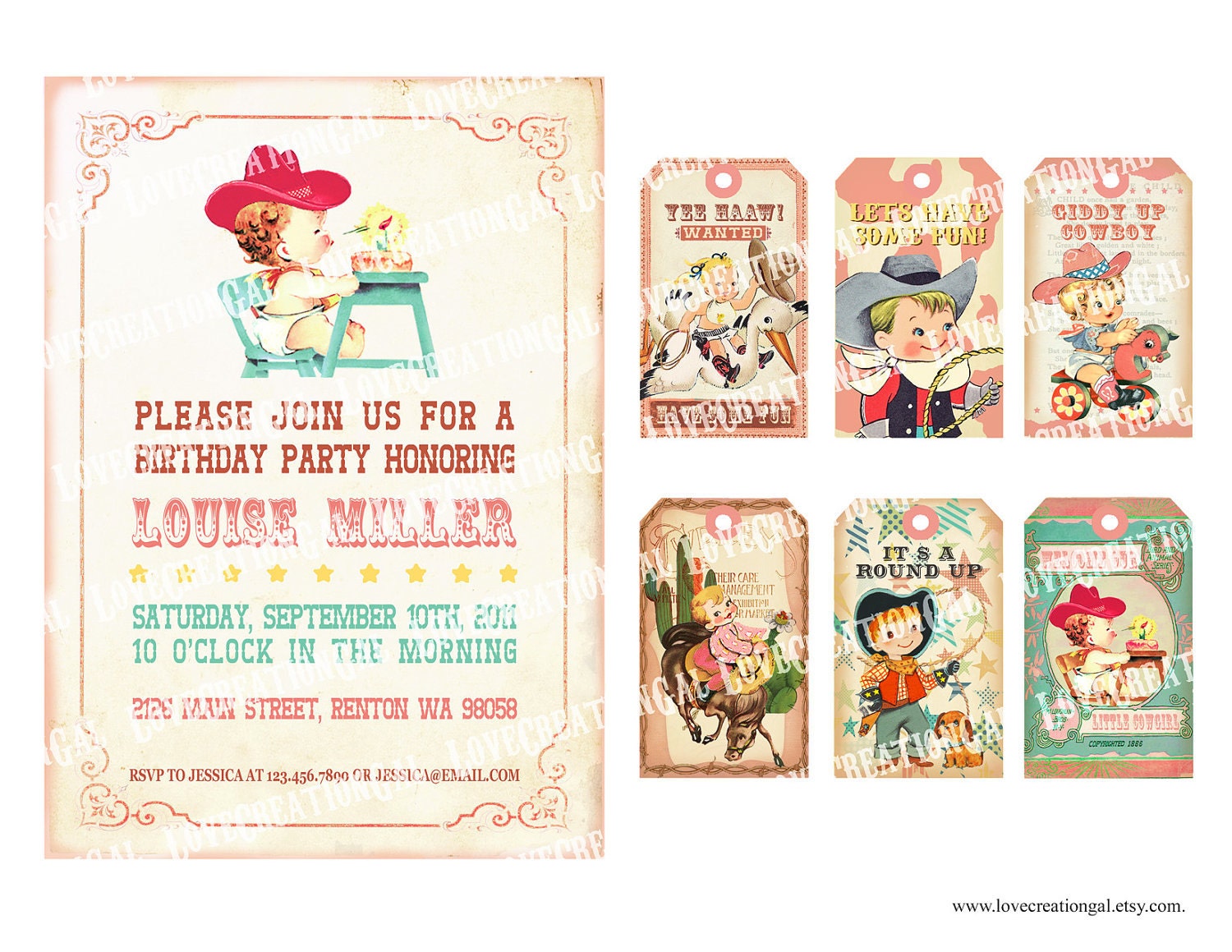 Digital PRINTABLE Vintage Baby Girl COWGIRL Cowboy Shower Pregnacy Tea Birthday Party Invitation Label Gift Favor Tag Card Sheet IN14