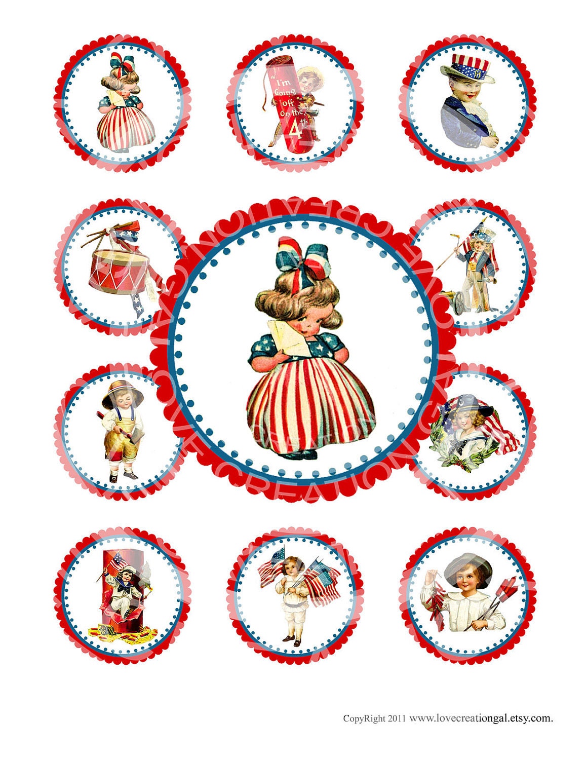 Vintage Fourth of JULY 4TH American Patriotic Party Boy Girl Cupcake Topper Circle card Label Sticker Digital Sheet Images Sh116