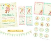 Digital PRINTABLE Vintage Birthday Tea Party Package Set Girl Daughter Princess Celebrate Banner Nursery Invitation Label Card Tag PP03