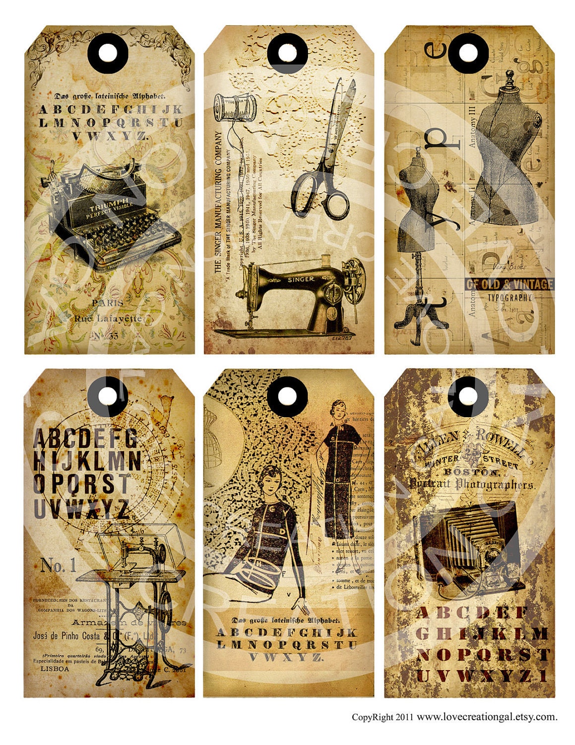 Vintage Dress form Sewing machine Button Clothes Paris Antique Thank You Gift Price Tags Digital Collage Sheet clip art Images Sh166