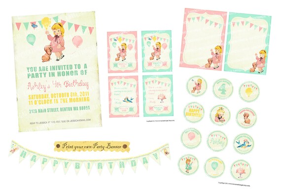Digital PRINTABLE Vintage Birthday Tea Party Package Set Girl Daughter Princess Celebrate Banner Nursery Invitation Label Card Tag PP03