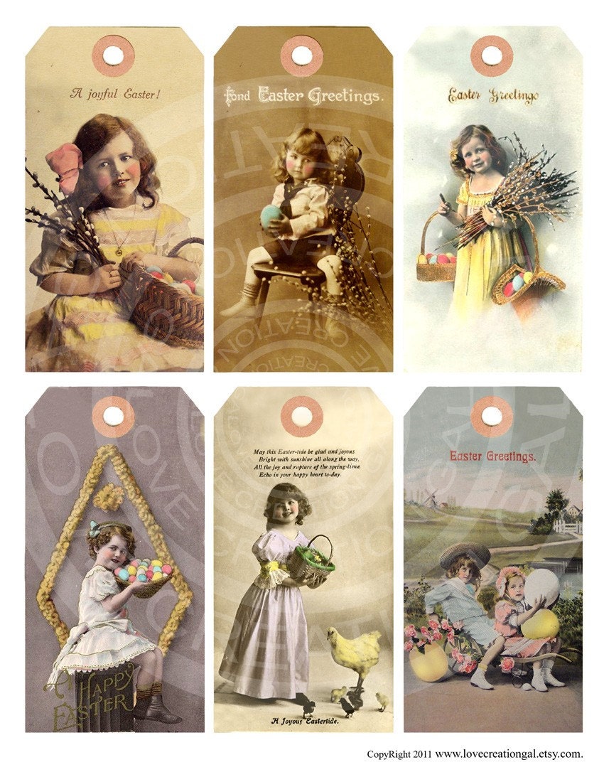 Vintage Victorian Fairy Girl Shabby Chic Easter Bunnies Chick Egg greeting card Tea Party gift Tags Digital Collage Sheet Images Sh034