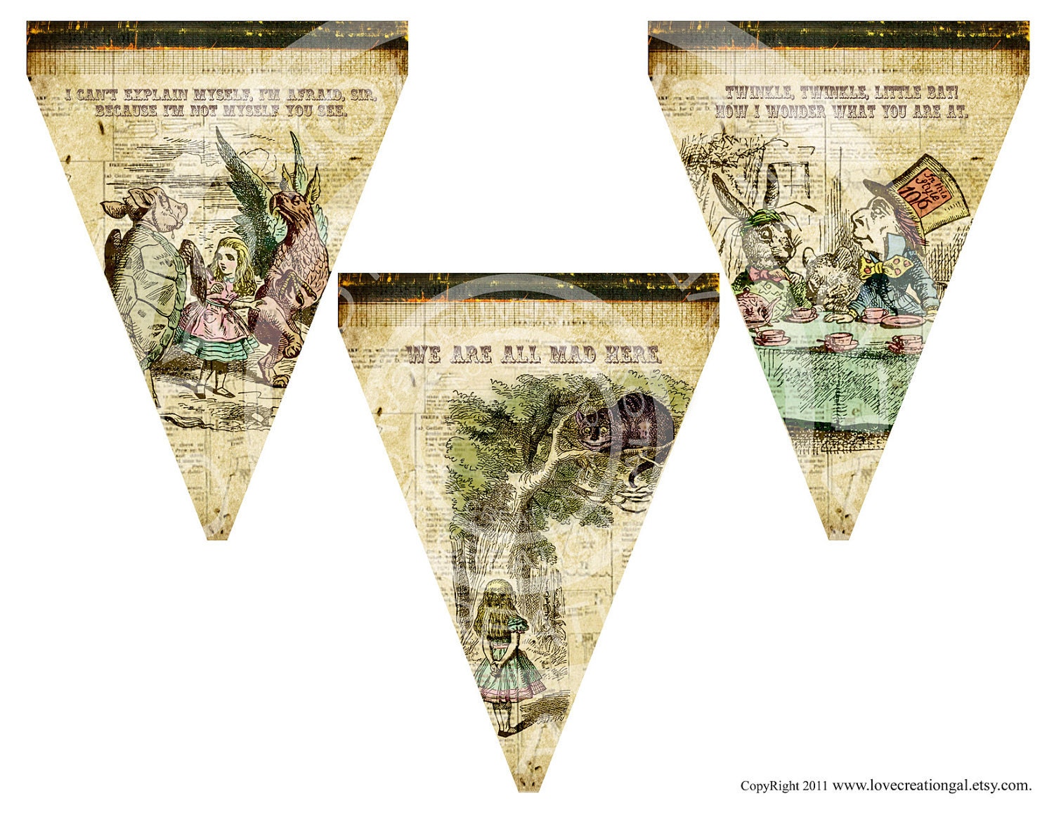 Vintage Alice in Wonderland Birthday Halloween Tea Party Celebrate Story book Banner Flag Burlap Postcard Digital Collage Sheet Images Sh193