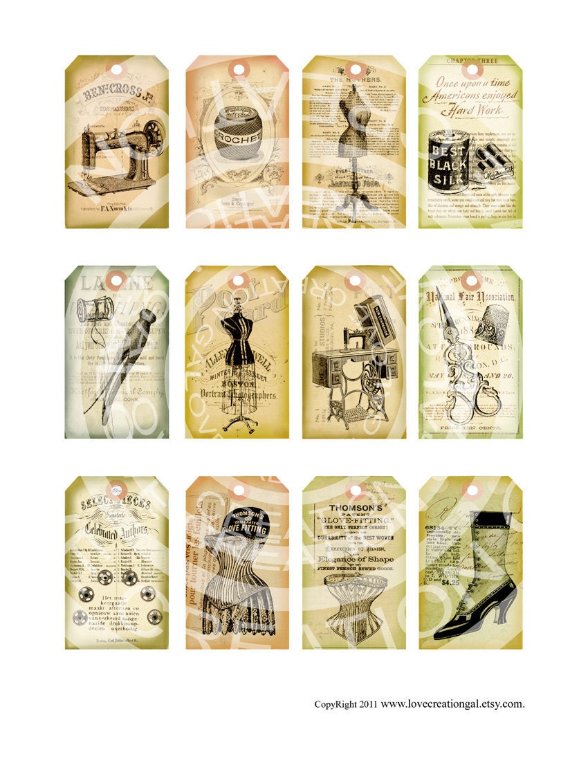 Vintage Shabby Chic Dress form Sewing machine Buttons thread Clothes pin Gift Price Tags Paris ACEO Cards Digital Collage Sheet Images Sh137