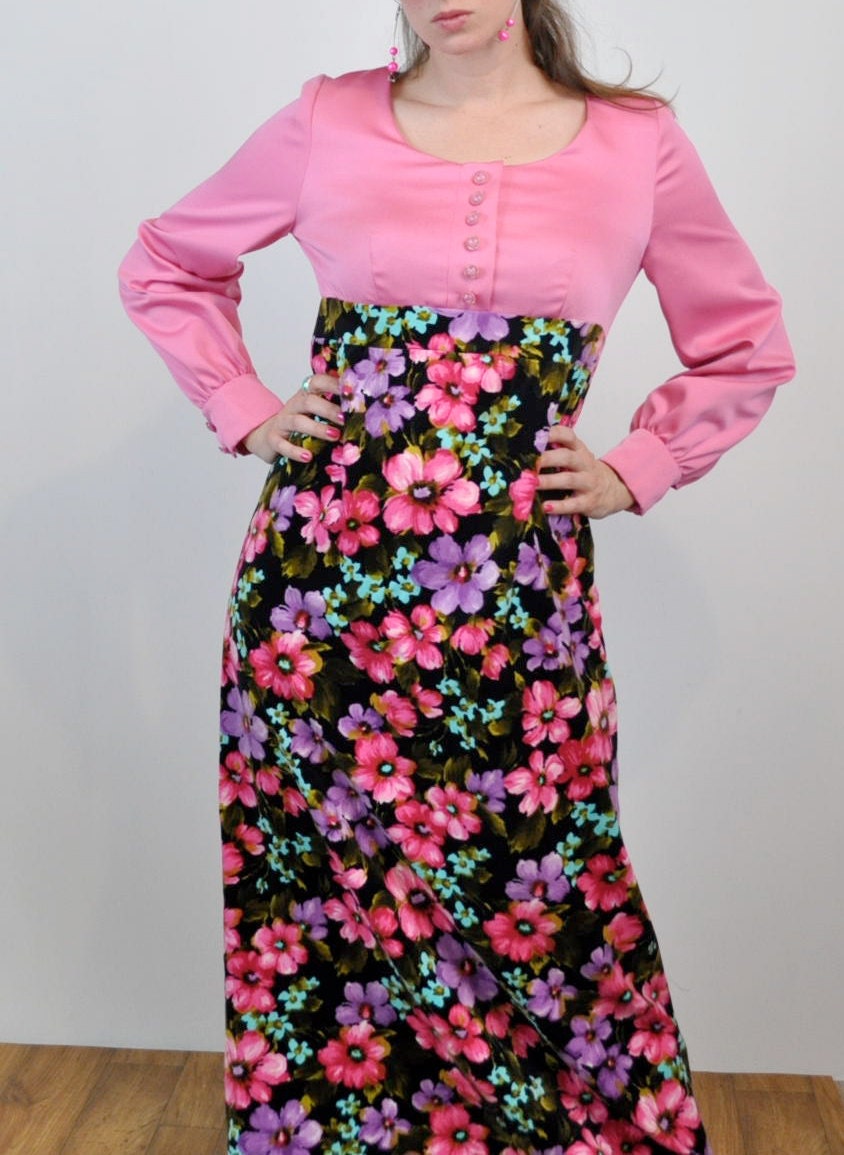 Unique Vintage Dress, Velvet Hot Pink Black Floral Medium