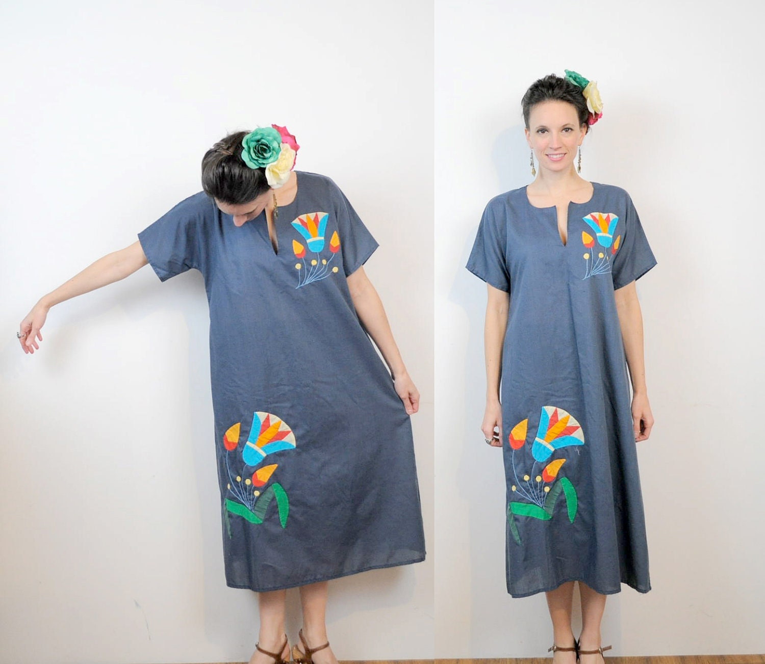 Patchwork Dress Mexican Inspired Kaftan Slate Blue Applique OSMF
