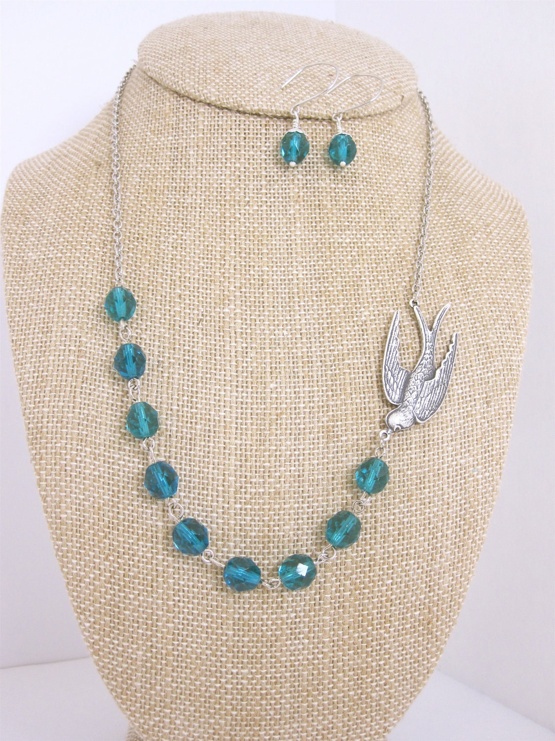 Silver Sparrow Necklace Teal Glass Beads and Matching Earrings Teal Necklace Bird Necklace Bird Jewelry Sparrow Jewelry Teal Jewelry