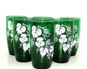 Six Vintage Emerald Green Grapevine Drinking Glasses