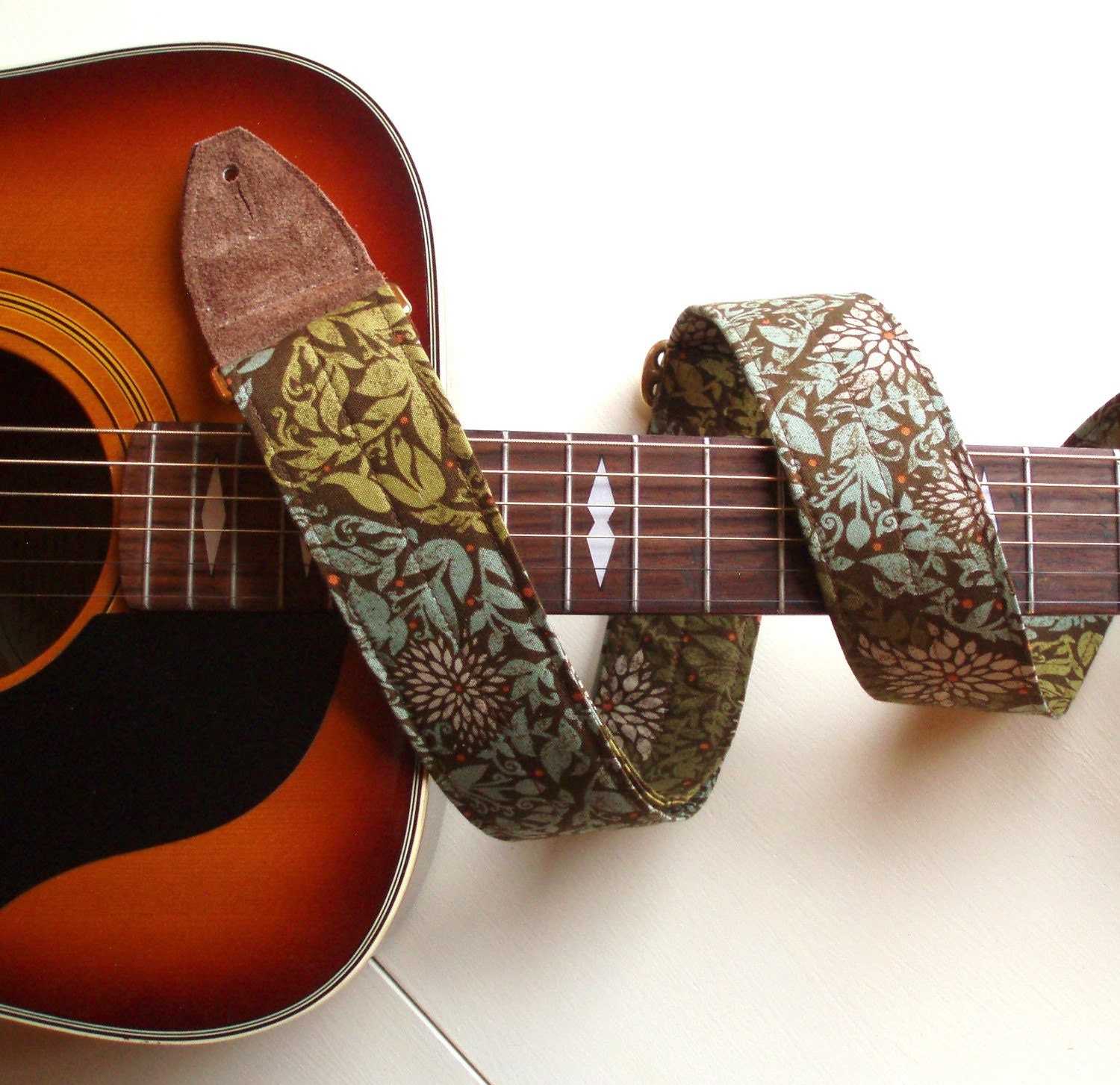 Guitar Strap in Hipster Mossy Green Leaves with Brass or Silver Hardware and suede Leather Ends