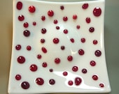 Handmade 6.5 inch square White with Red Dots Fused Glass Plate-Sushi-Candy Dish-Coin bowl-OOAK-SRAFREE SHIPPING