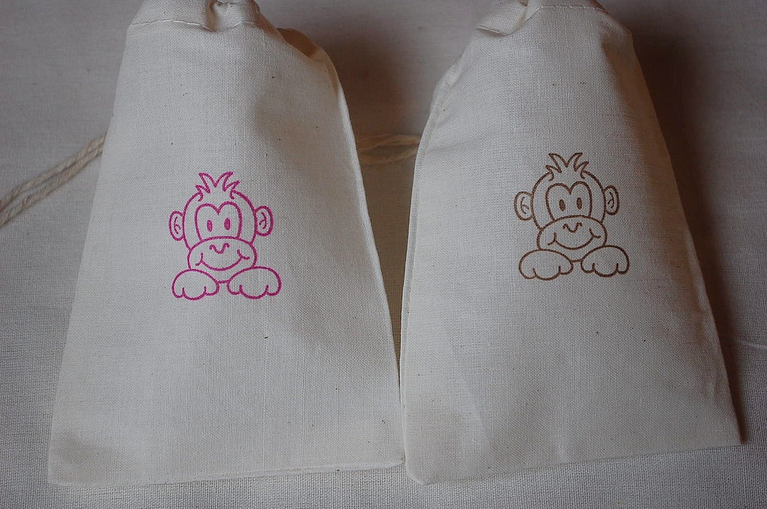 10 Pink and Brown Monkey Muslin Favor Gift Bags - Organic Cotton Drawstring Gift Bags 4x6