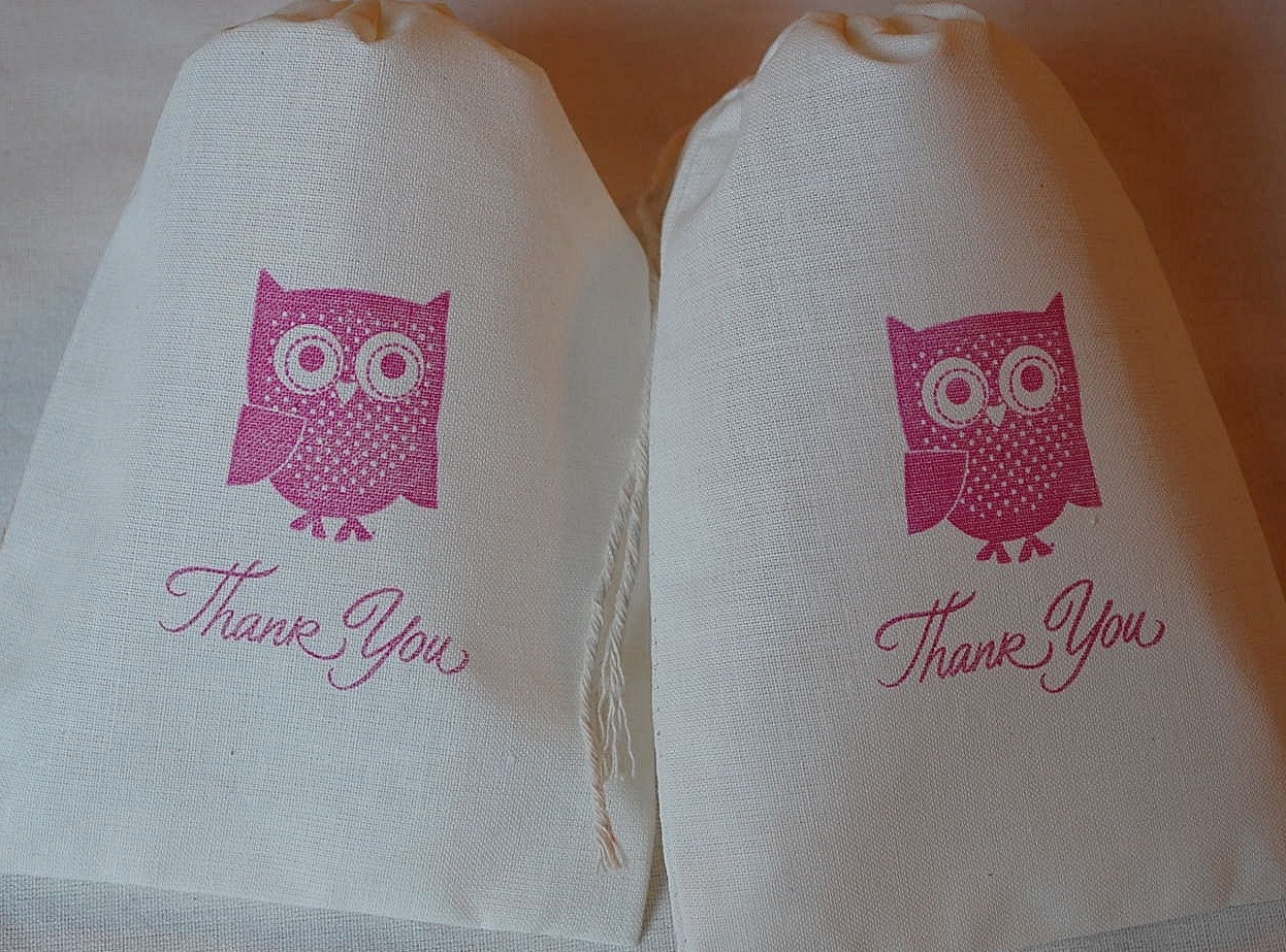 10 Pink Owl Muslin Favor Gift Bags - Thank You Organic Cotton Drawstring Gift Bags 5x7 Il_170x135