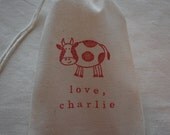 10 Personalized Farm Animal Cows in Red Muslin Favor Bags 4x6