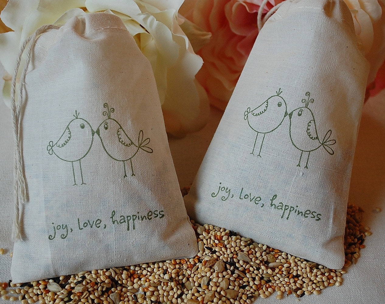 50 Lovebirds joy love happiness Wedding Favor Bags with Birdseed- 3x5 Organic gift bags