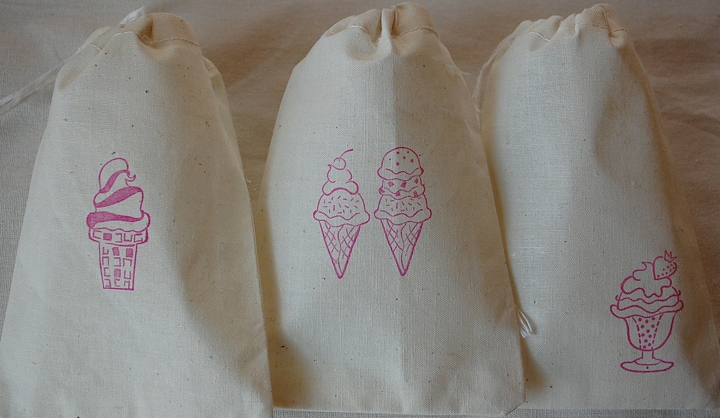 30 Pink Ice Cream Social Set - Hand Stamped Organic Muslin Favor Gift Bags 4x6 - Choose your own ink color Il_170x135