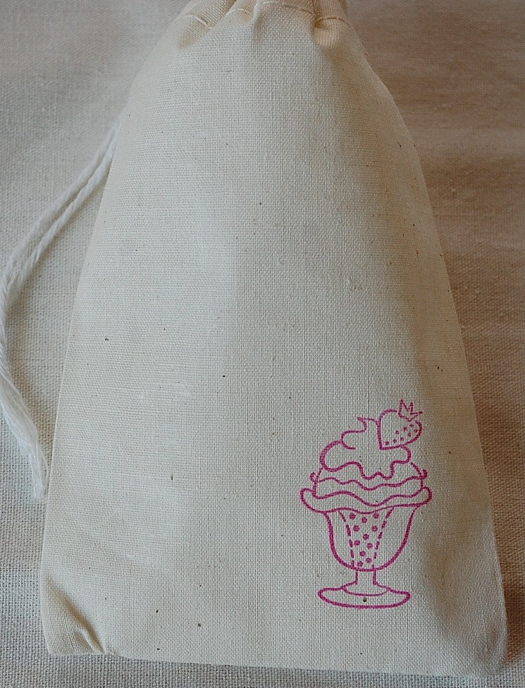 10 Pink Ice Cream Sundae - Hand Stamped Organic Muslin Favor Gift Bags 4x6 - Choose your own ink color Il_170x135