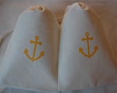 10 Mustard Yellow Nautical Anchor Favor Gift Bags - Organic Muslin Cotton Drawstring Gift Bags 5x7