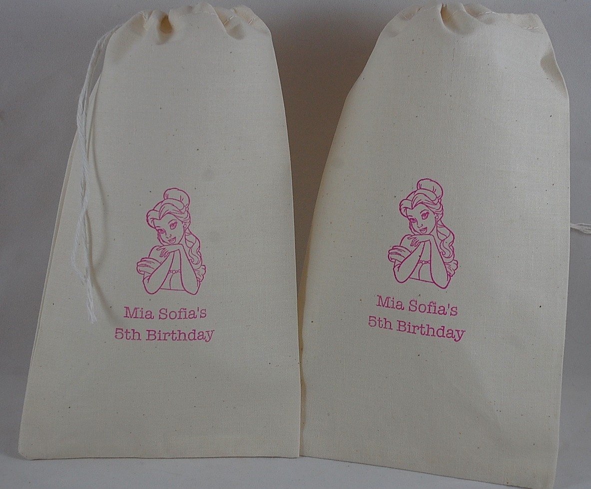 20 Personalized, Large Organic Muslin Cotton Favor Gift Bags 6x10 - Belle Disney Princess Party