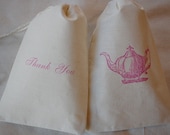 10 Tea Party Favor Bags with Thank You - Vintage Teapot Organic Cotton Gift Bags 4x6