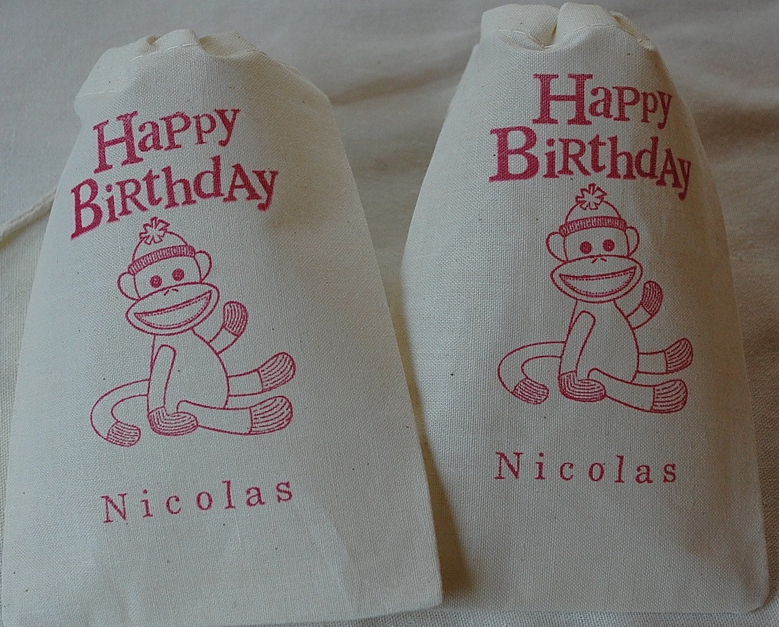 10 Personalized Sock Monkey Happy Birthday Organic Muslin Cotton Favor Gift Bags 4x6 Hand Stamped in Red